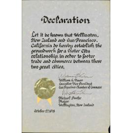 Declaration re groundwork for sister city relationship, Wellington and San Francisco