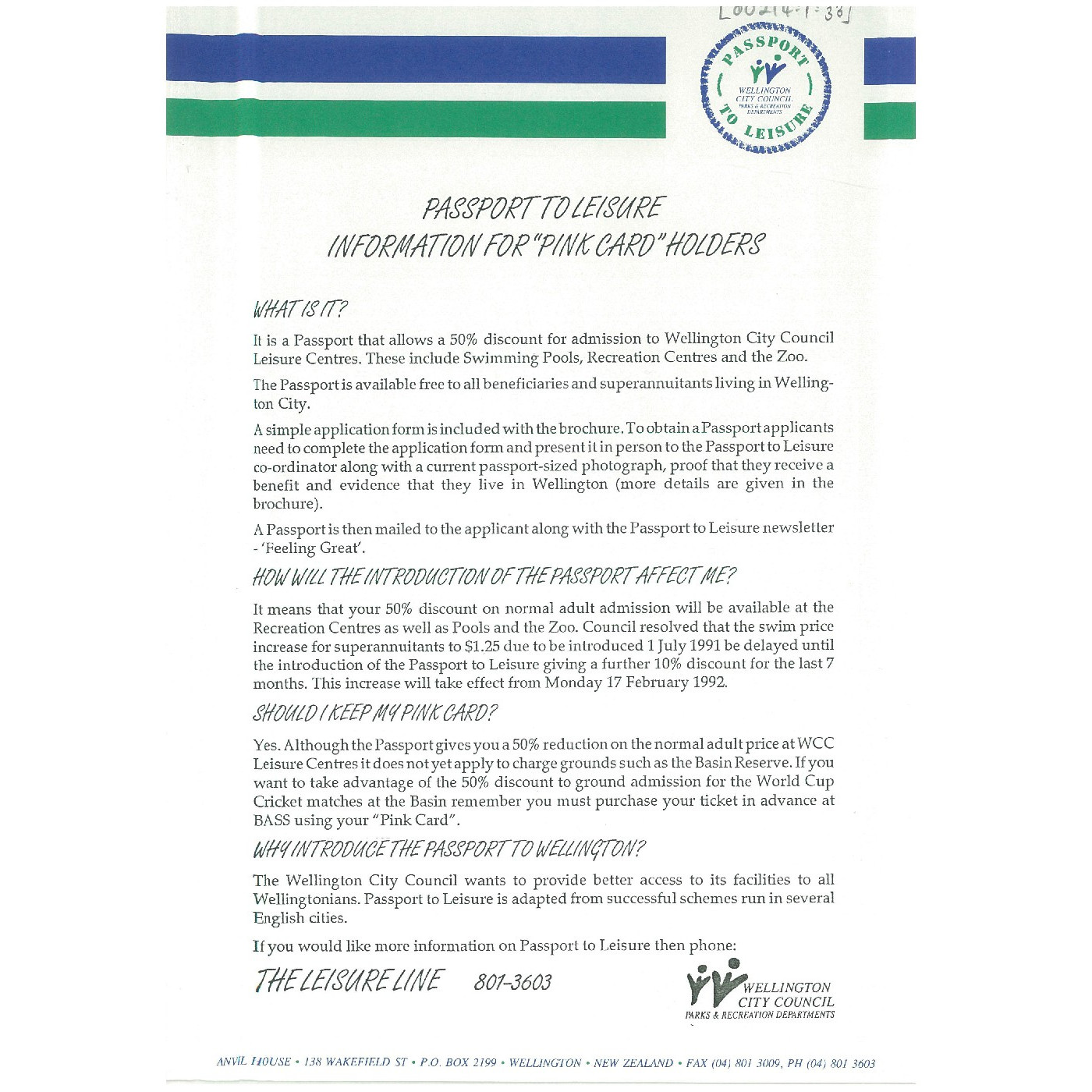 Passport to Leisure, Information for Pink Card Holders, Leaflet