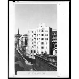Elevated view of Hotel Saint George, corner of Boulcott Street and Willis Street