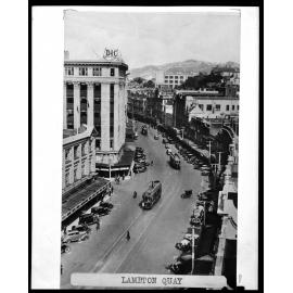 Elevated view of Lambton Quay and Brandon Street corner, looking south towards Panama Street.