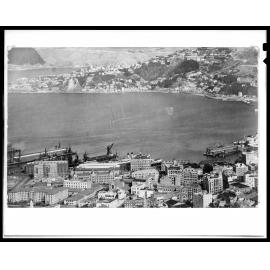 Elevated view of Waterloo Quay and Lambton business area, across to Mount Victoria