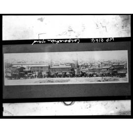 Panoramic photograph of staff and machinery at Corporation Yard, Clyde Quay