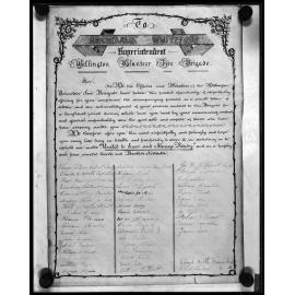 Copy photograph of illuminated presented to Archibald Whiteford, Superintendent of the Wellington Volunteer Fire Brigade