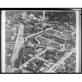 Aerial view of Parliament grounds and buildings