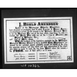 Copy photograph of address presented by Roald Amundsen