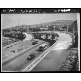 Elevated view of construction of overbridge, Hutt Road