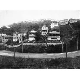 Elevated view of wooden dwellings overlooking Glenmore Street
