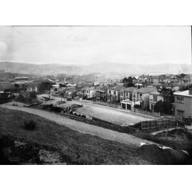 Elevated view of the development of the western approach to Mount Victoria Tunnel, looking back towards Te Aro