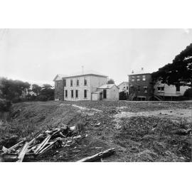School buildings next to an area being developed as the western approach to the Mount Victoria Tunnel