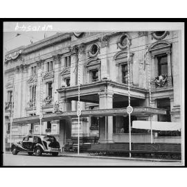 Exterior of the Town Hall, being prepared and decorated for the Royal Visit.