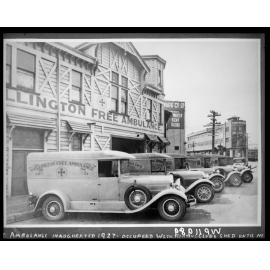 Ambulance Vans parked in front of the Wellington Free Ambulance building. Jervois Quay