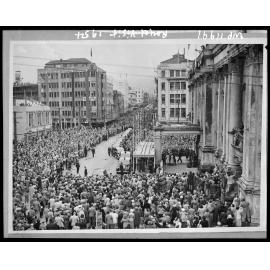 Elevated view of Cuba Street entrance to the Town Hall, royal visit by the Queen.
