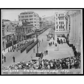 Elevated view of civic reception for Duke of Gloucester outside the Town Hall, Cuba Street Extension