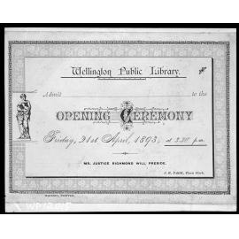Photograph of ticket to the Opening Ceremony of the Wellington Public Library