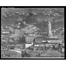 Elevated view, looking from Te Aro to Mount Cook - Carillon under construction