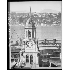 Post Office clock tower, with the harbour in the background