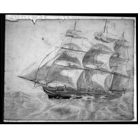 Copy photograph of a pencil drawing of a sailing ship, by W B Allen