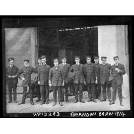 Group photograph of tramcar drivers outside Thorndon Tram Barn