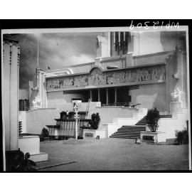 View of the base of the Centennial Tower, and the waterfall under construction, Centennial Exhibition