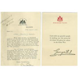 Illuminated certificate of service and cover letters Temporary Corporal Francis William Desmond 8/2896 