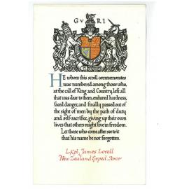 Memorial scroll Lance Corporal James Lovell 5/194
