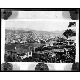 Elevated view of Kelburn, with Cable Car track in foreground and Kelburn Park in the background