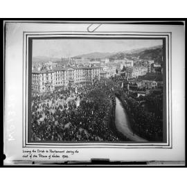 Royal Visit , elevated view of Parliament grounds showing crowds gathered to welcome the Prince of Wales