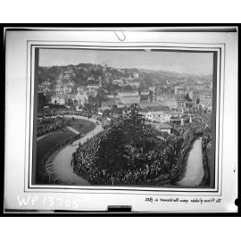 Royal Visit , elevated view of Parliament grounds showing crowds gathered to welcome the Prince of Wales