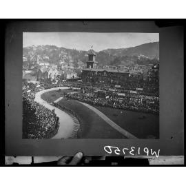 Royal Visit , elevated view of Parliament grounds showing crowds gathered to welcome the Prince of Wales