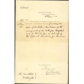 Colonial Secretary's Office, acknowledging receipt of rules and regulations for hospital