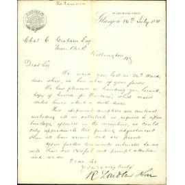 R Laidlaw and Son, advising final shipment per "Unicorn"
