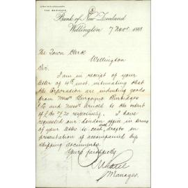 Bank of New Zealand, regarding drafts in favour of Burgoyne Burbidges & Co and Arnold & Son