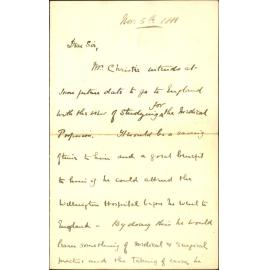 Dr Collins, regarding admittance of medical students at the hospital