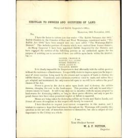 Rabbit Inspector, circular regarding rabbit destruction, "The Rabbit Nuisance Act 1881"