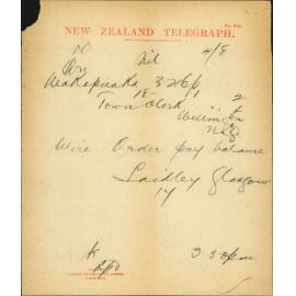 R Laidlaw and Son, telegram regarding payment of balance of contract
