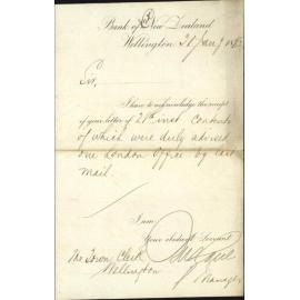 Bank of New Zealand, regarding account favour Burgoyne, Burbidges and Co