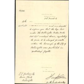 Colonial Secretary's Office, advising having gazetted water supply bylaw