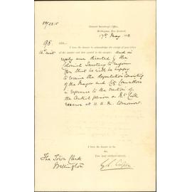 To receive the deputation at the Mount Cook Reserve - Colonial Secretary