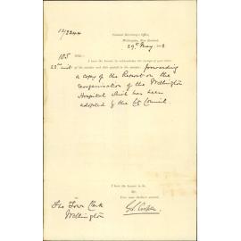 Acknowledging receipt of hospital report - Colonial Secretary