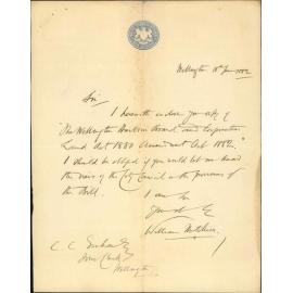 With copy of Wellington Harbour Board and Corporation Land Act, amended 1882 - W Hutchison