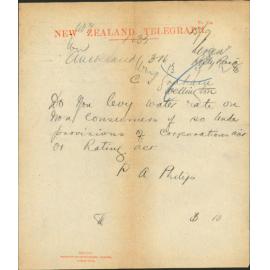 Query as to levying on water rates - Town Clerk Auckland