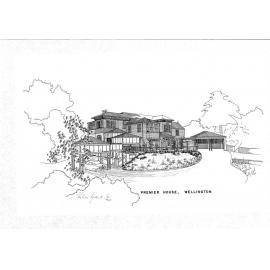 Premier House, Thorndon - black line sketch by Kelvin Grant