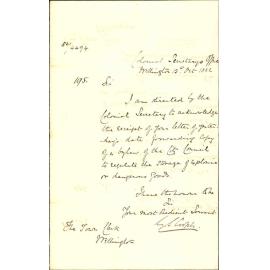 Acknowledging receipt of bylaw regarding dangerous goods - Colonial Secretary