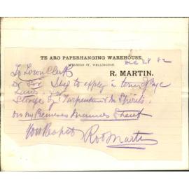 Application for license for storage of turpentine - R Martin