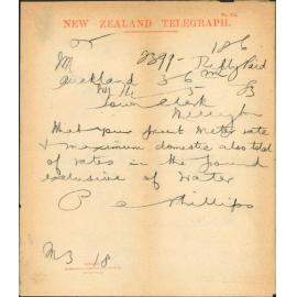 Query as to charges for water supply - Town Clerk Auckland