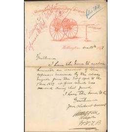 Wellington Volunteer Fire Brigade forwarding account of expenses incurred, 1/4 to 1/12/1877