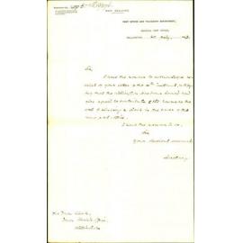 Acknowledging receipt of letter, Harbour Board £150 towards Post Office Clock - Postmaster General