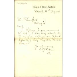 Had provided Te Aro Reclamation contract with caucus signatures attached - Bank of New Zealand Waimate
