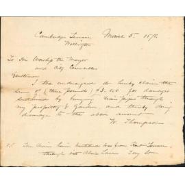 Re claim for damage to property, Cambridge Terrace, re laying drainage pipes - W Thompson