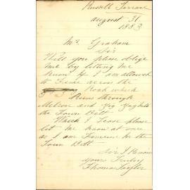 Asking as to right to fence across roads through his Town Belt section - Thomas Taylor